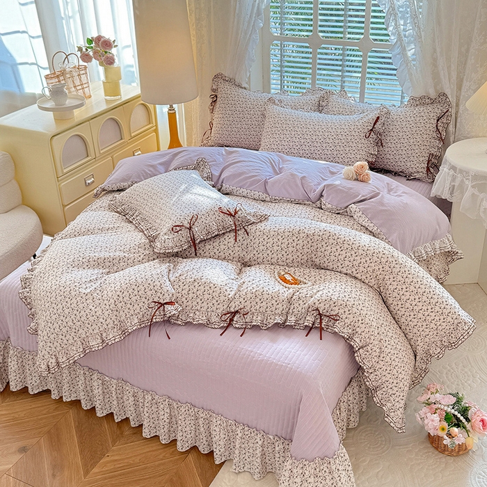 91家纺网 家纺一手货源 找家纺 韩约家纺 2025新款韩约1韩式蝴蝶结床盖款棉麻四件套 诗雨