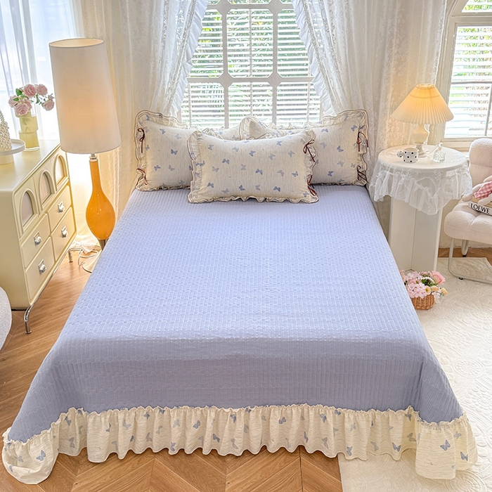 91家纺网 家纺一手货源 找家纺 韩约家纺 2025新款韩约1韩式蝴蝶结床盖款棉麻四件套 美蝶