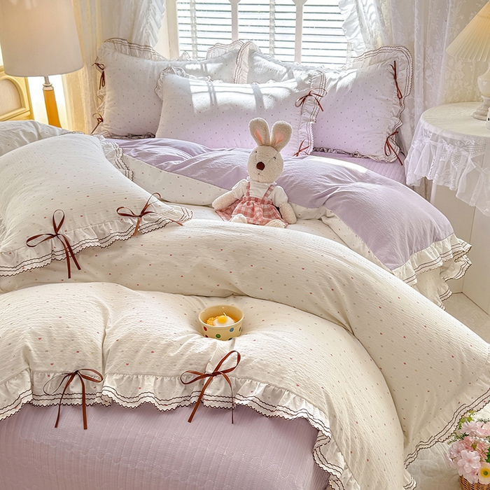 91家纺网 家纺一手货源 找家纺 韩约家纺 2025新款韩约1韩式蝴蝶结床盖款棉麻四件套 怦然心动