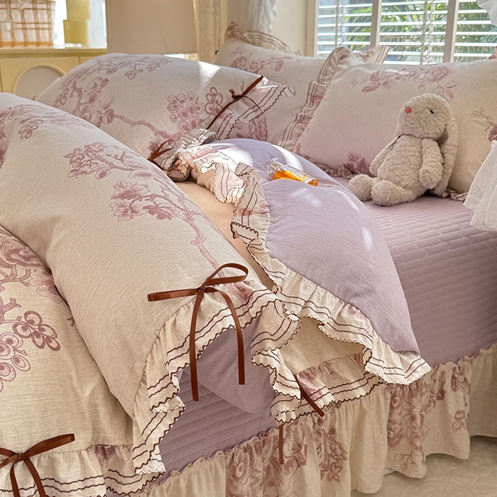 91家纺网 家纺一手货源 找家纺 韩约家纺 2025新款韩约1韩式蝴蝶结床盖款棉麻四件套 秋韵