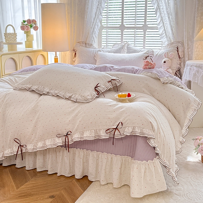 91家纺网 家纺一手货源 找家纺 韩约家纺 2025新款韩约1韩式蝴蝶结床盖款棉麻四件套 怦然心动