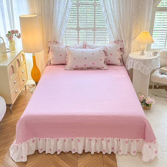 91家纺网 家纺一手货源 找家纺 韩约家纺 2025新款韩约1韩式蝴蝶结床盖款棉麻四件套 波波粉