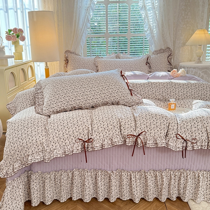 91家纺网 家纺一手货源 找家纺 韩约家纺 2025新款韩约1韩式蝴蝶结床盖款棉麻四件套 诗雨