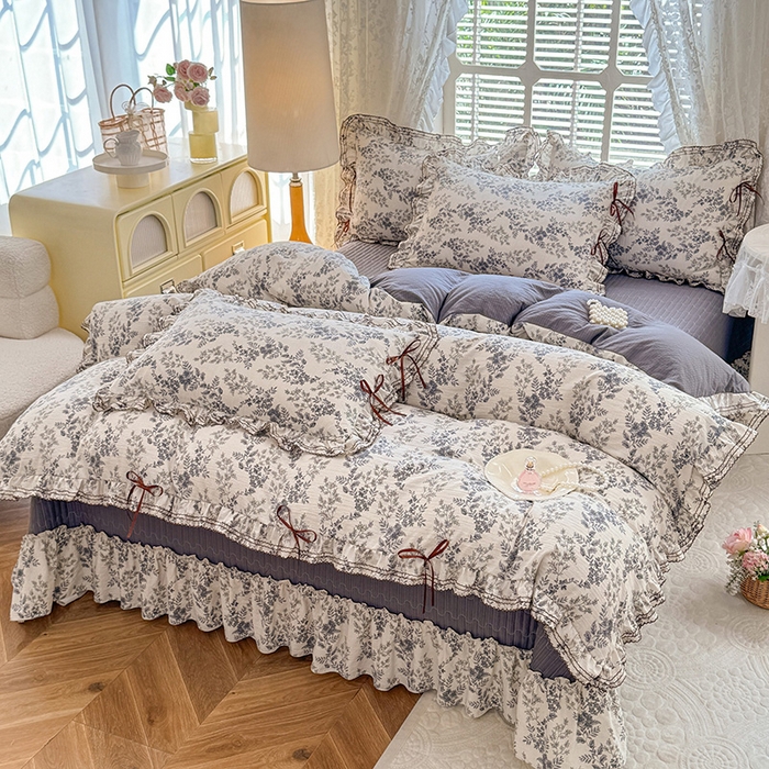 91家纺网 家纺一手货源 找家纺 韩约家纺 2025新款韩约1韩式蝴蝶结床盖款棉麻四件套 兰玲花