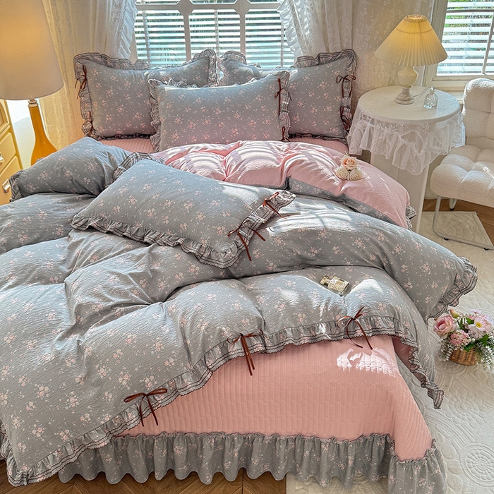 91家纺网 家纺一手货源 找家纺 韩约家纺 2025新款韩约1韩式蝴蝶结床盖款棉麻四件套 伊洛