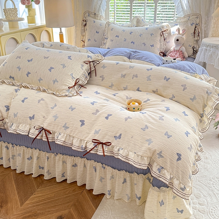 91家纺网 家纺一手货源 找家纺 韩约家纺 2025新款韩约1韩式蝴蝶结床盖款棉麻四件套 美蝶