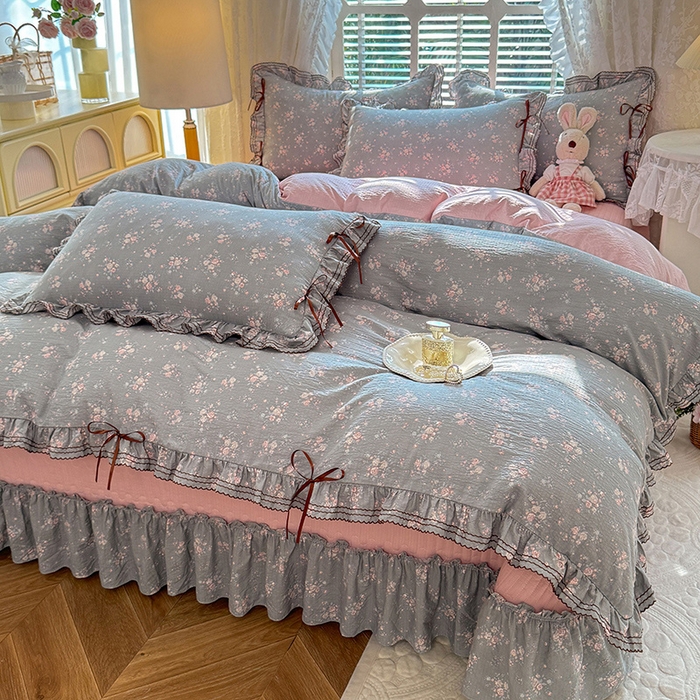 91家纺网 家纺一手货源 找家纺 韩约家纺 2025新款韩约1韩式蝴蝶结床盖款棉麻四件套 伊洛