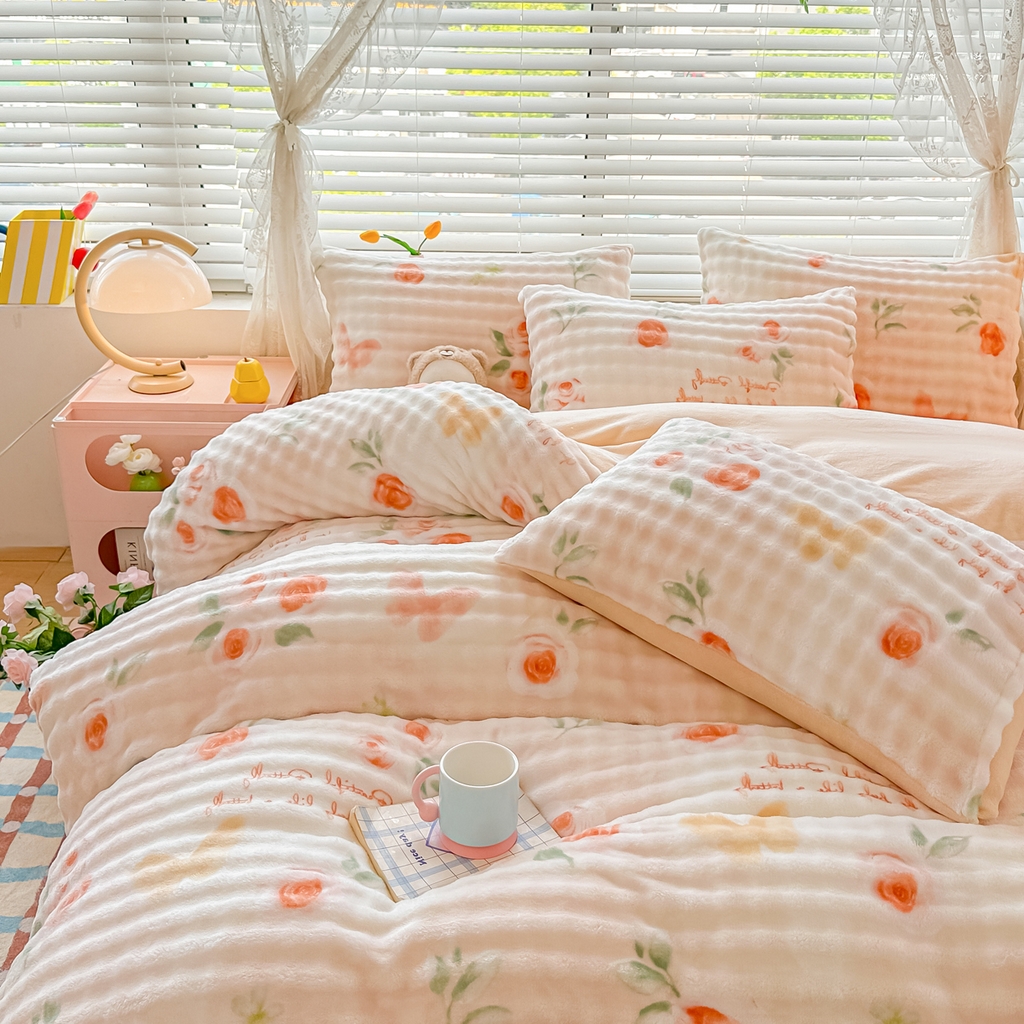 91家纺网 家纺一手货源 找家纺 归属 2025新款牛奶绒泡泡绒四件套 暖玫瑰