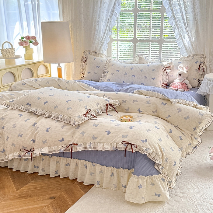 91家纺网 家纺一手货源 找家纺 韩约家纺 2025新款韩约1韩式蝴蝶结床盖款棉麻四件套 美蝶