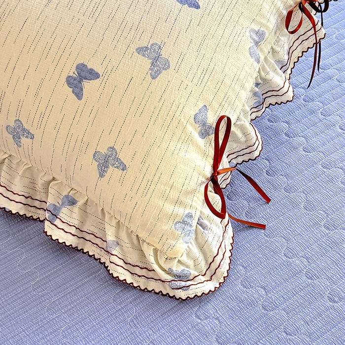 91家纺网 家纺一手货源 找家纺 韩约家纺 2025新款韩约1韩式蝴蝶结床盖款棉麻四件套 美蝶