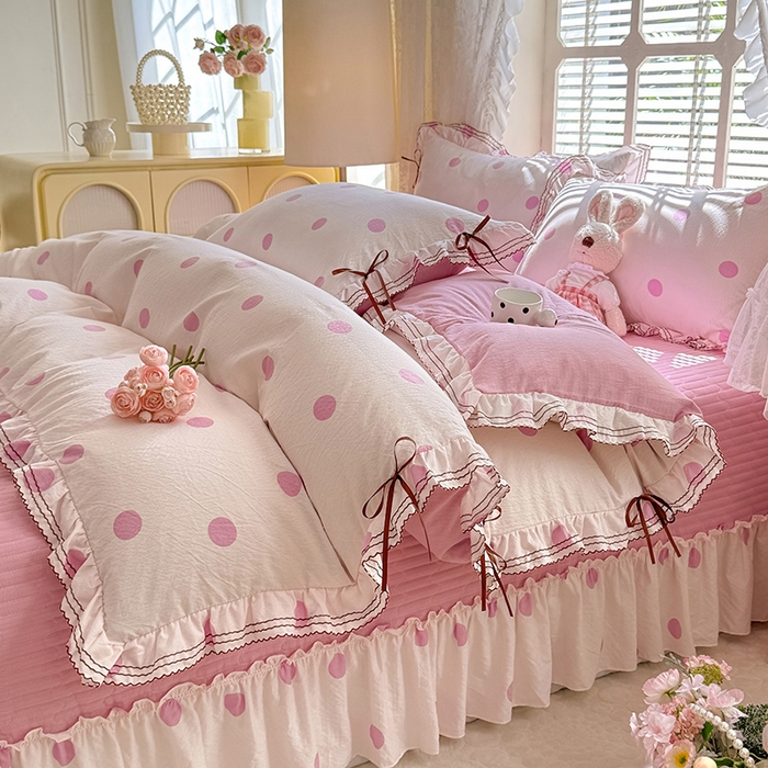 91家纺网 家纺一手货源 找家纺 韩约家纺 2025新款韩约1韩式蝴蝶结床盖款棉麻四件套 波波粉