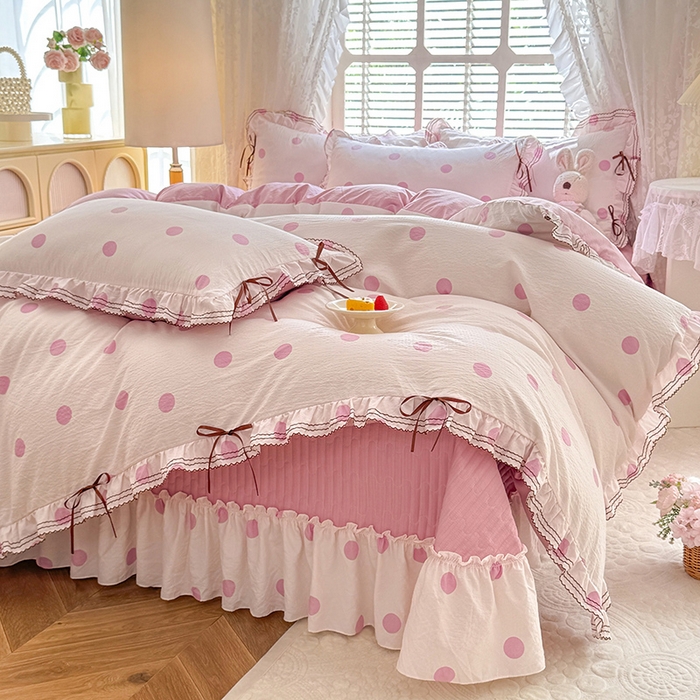 91家纺网 家纺一手货源 找家纺 韩约家纺 2025新款韩约1韩式蝴蝶结床盖款棉麻四件套 波波粉