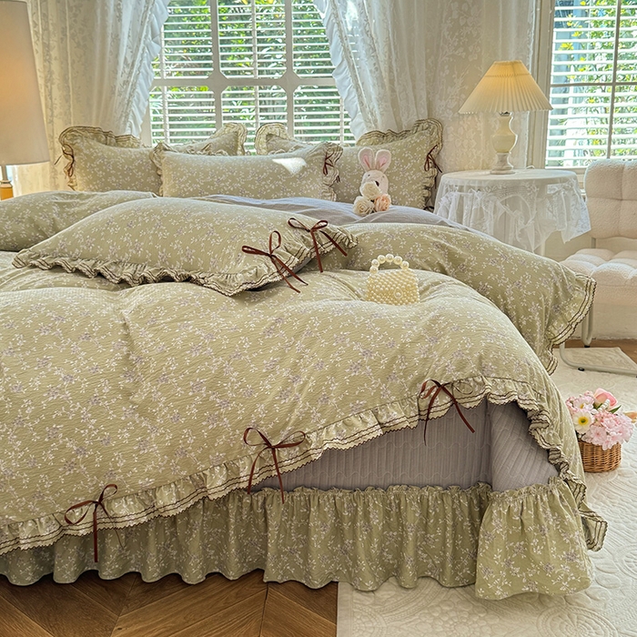 91家纺网 家纺一手货源 找家纺 韩约家纺 2025新款韩约1韩式蝴蝶结床盖款棉麻四件套 花海