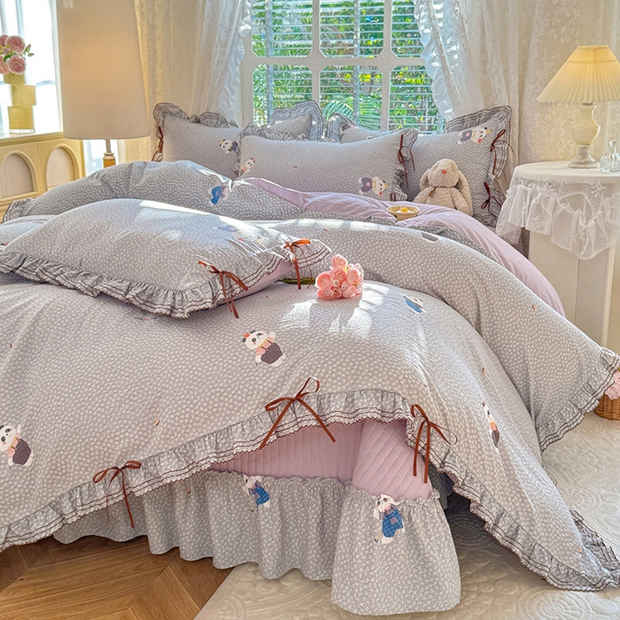 韩约家纺 2025新款韩约1韩式蝴蝶结床盖款棉麻四件套 熊仔萌萌