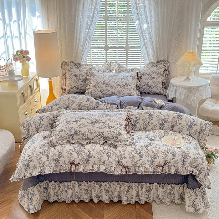 91家纺网 家纺一手货源 找家纺 韩约家纺 2025新款韩约1韩式蝴蝶结床盖款棉麻四件套 兰玲花