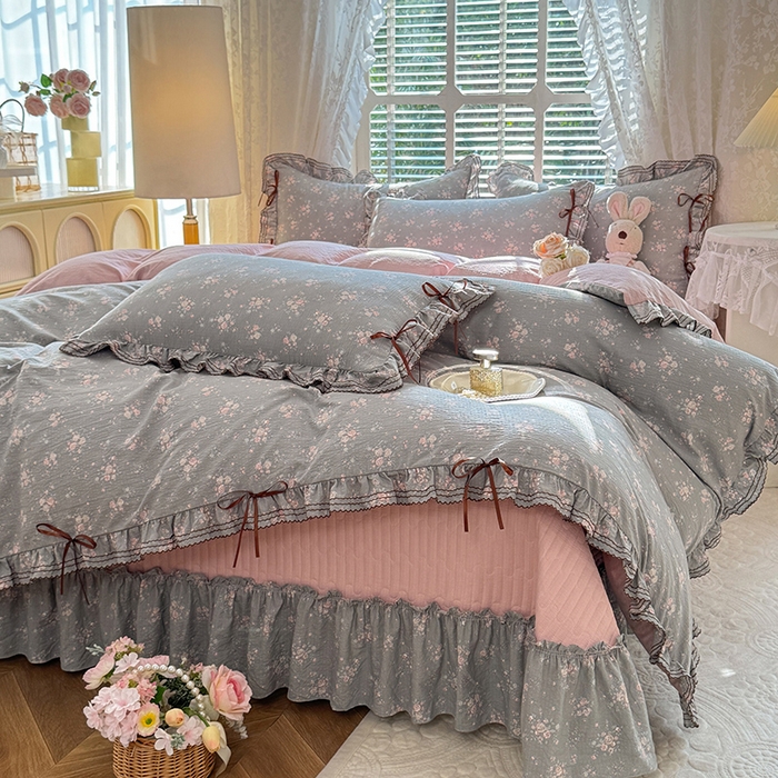 91家纺网 家纺一手货源 找家纺 韩约家纺 2025新款韩约1韩式蝴蝶结床盖款棉麻四件套 伊洛