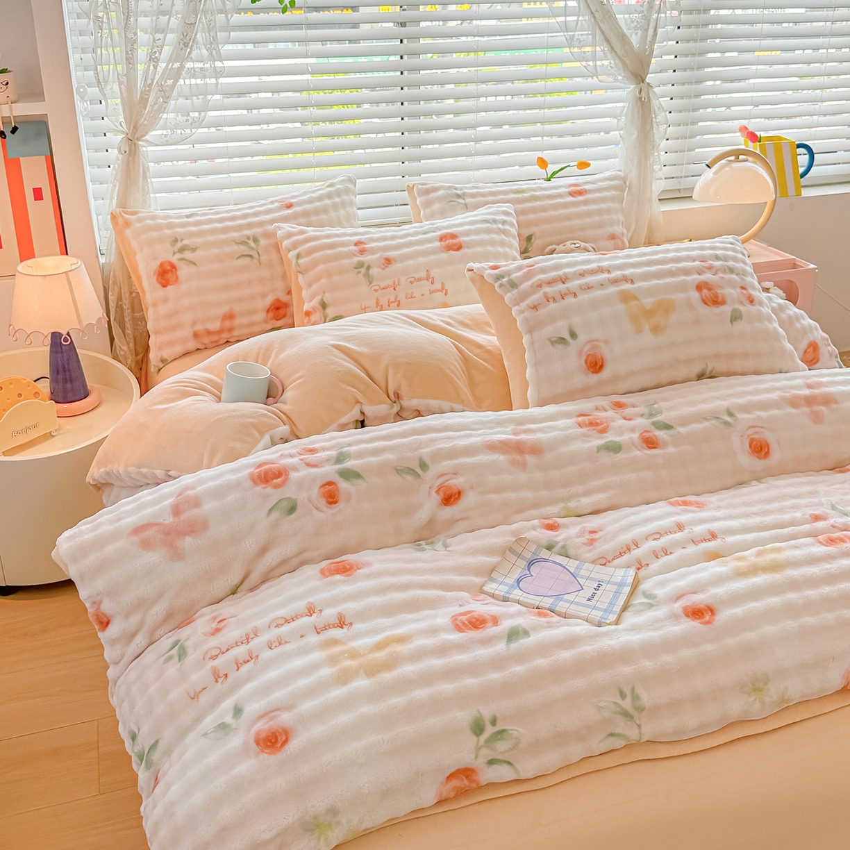 91家纺网 家纺一手货源 找家纺 归属 2025新款牛奶绒泡泡绒四件套 暖玫瑰