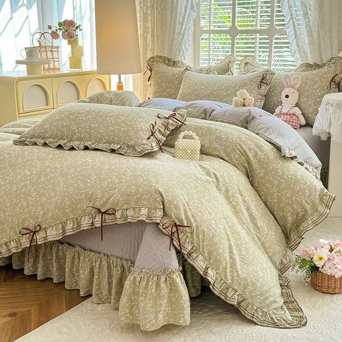 91家纺网 家纺一手货源 找家纺 韩约家纺 2025新款韩约1韩式蝴蝶结床盖款棉麻四件套 花海