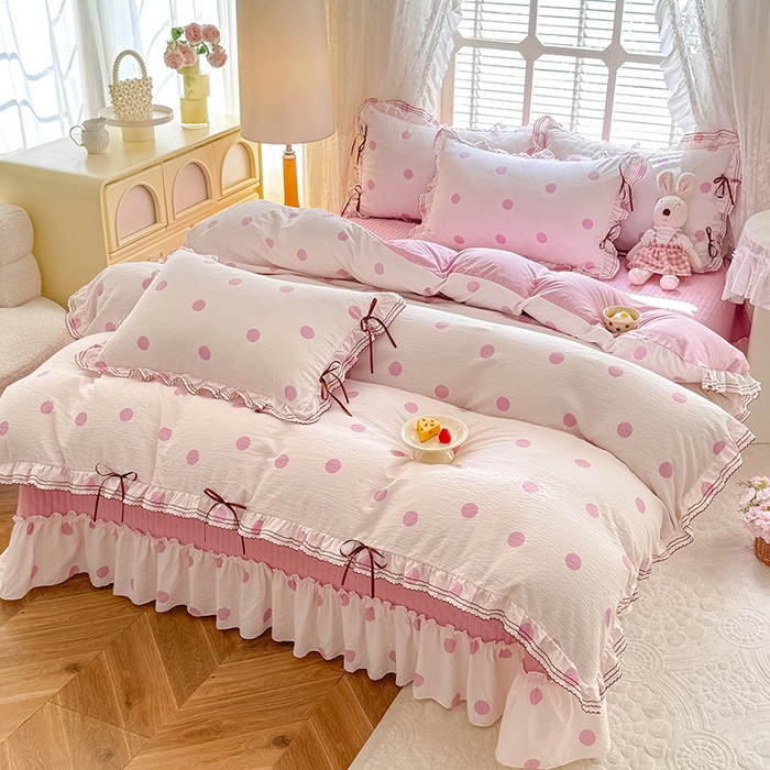 91家纺网 家纺一手货源 找家纺 韩约家纺 2025新款韩约1韩式蝴蝶结床盖款棉麻四件套 波波粉