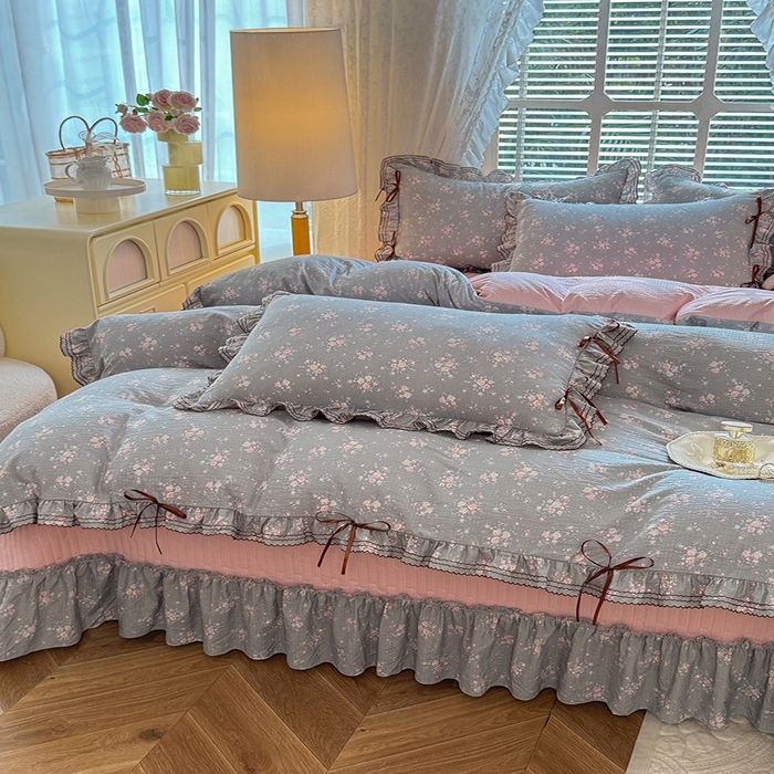 91家纺网 家纺一手货源 找家纺 韩约家纺 2025新款韩约1韩式蝴蝶结床盖款棉麻四件套 伊洛