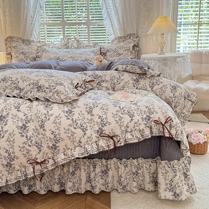 91家纺网 家纺一手货源 找家纺 韩约家纺 2025新款韩约1韩式蝴蝶结床盖款棉麻四件套 兰玲花