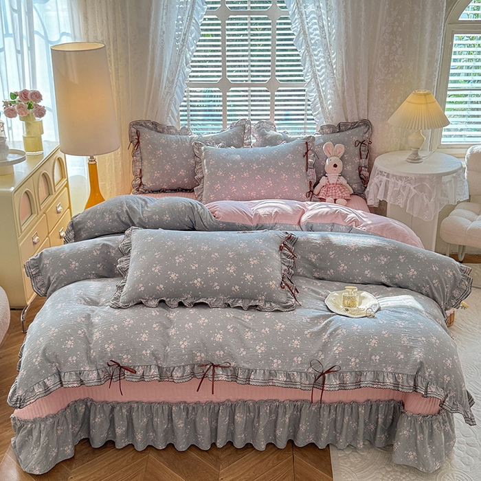 91家纺网 家纺一手货源 找家纺 韩约家纺 2025新款韩约1韩式蝴蝶结床盖款棉麻四件套 伊洛