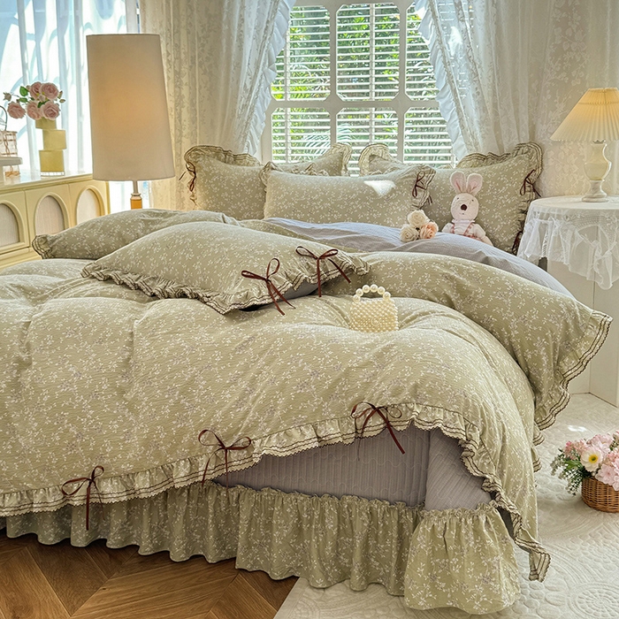 91家纺网 家纺一手货源 找家纺 韩约家纺 2025新款韩约1韩式蝴蝶结床盖款棉麻四件套 花海