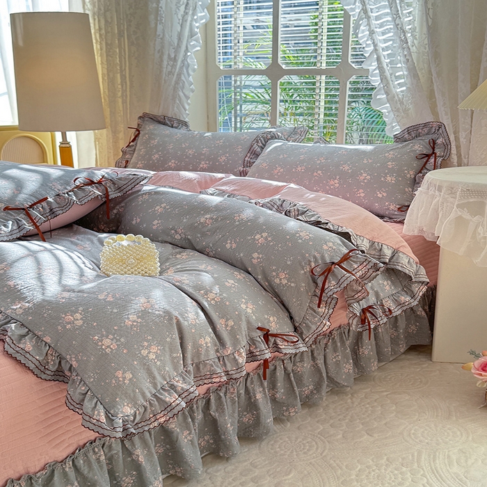 91家纺网 家纺一手货源 找家纺 韩约家纺 2025新款韩约1韩式蝴蝶结床盖款棉麻四件套 伊洛