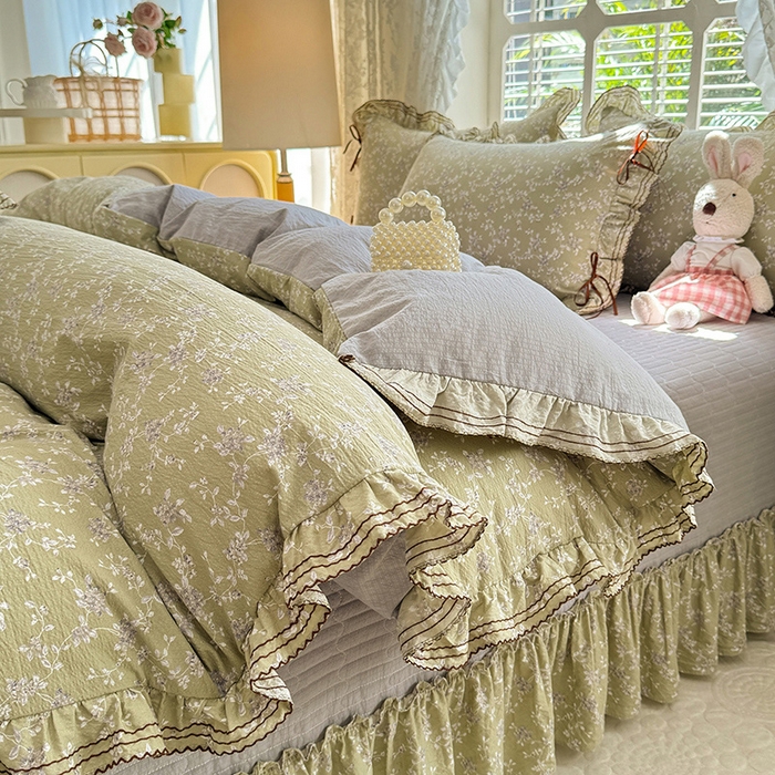 91家纺网 家纺一手货源 找家纺 韩约家纺 2025新款韩约1韩式蝴蝶结床盖款棉麻四件套 花海