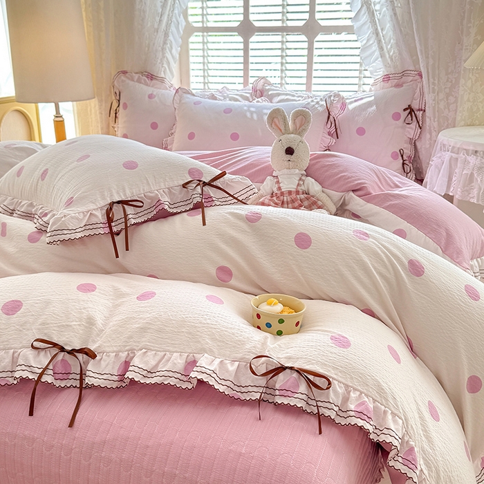 91家纺网 家纺一手货源 找家纺 韩约家纺 2025新款韩约1韩式蝴蝶结床盖款棉麻四件套 波波粉