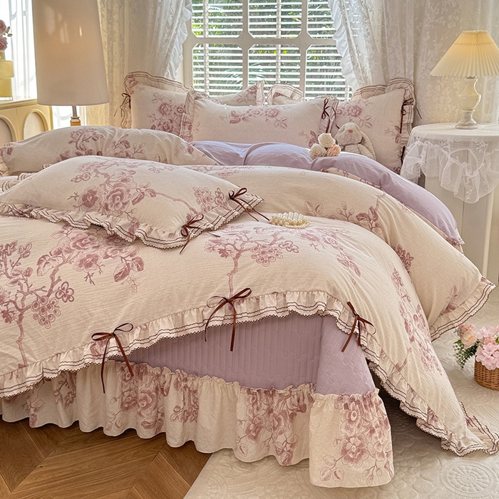 韩约家纺 2025新款韩约1韩式蝴蝶结床盖款棉麻四件套 秋韵