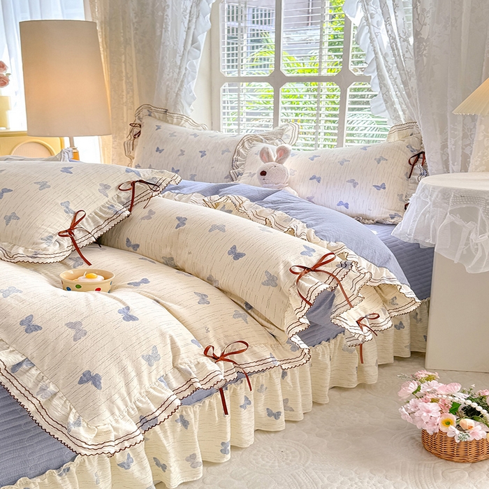 91家纺网 家纺一手货源 找家纺 韩约家纺 2025新款韩约1韩式蝴蝶结床盖款棉麻四件套 美蝶