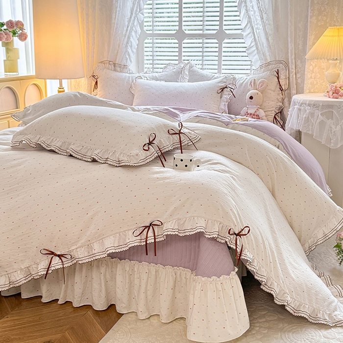 韩约家纺 2025新款韩约1韩式蝴蝶结床盖款棉麻四件套 怦然心动