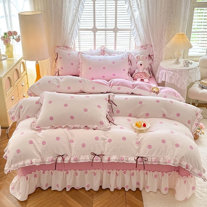 91家纺网 家纺一手货源 找家纺 韩约家纺 2025新款韩约1韩式蝴蝶结床盖款棉麻四件套 波波粉