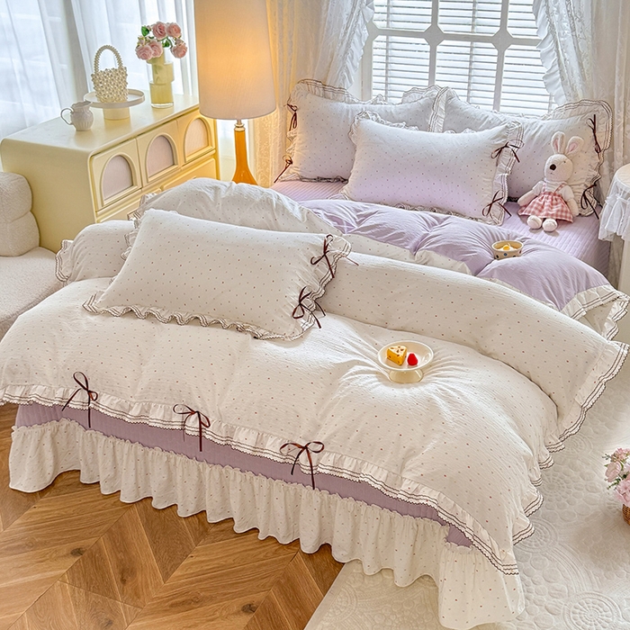 91家纺网 家纺一手货源 找家纺 韩约家纺 2025新款韩约1韩式蝴蝶结床盖款棉麻四件套 怦然心动