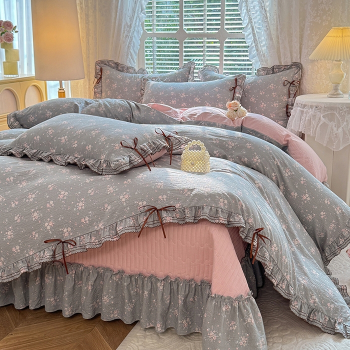 韩约家纺 2025新款韩约1韩式蝴蝶结床盖款棉麻四件套 伊洛