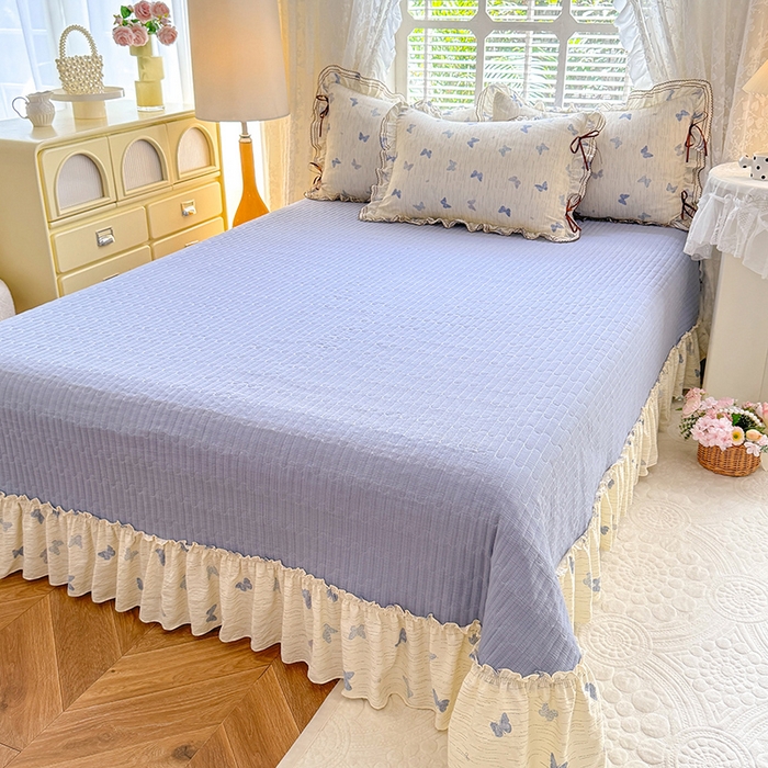 91家纺网 家纺一手货源 找家纺 韩约家纺 2025新款韩约1韩式蝴蝶结床盖款棉麻四件套 美蝶