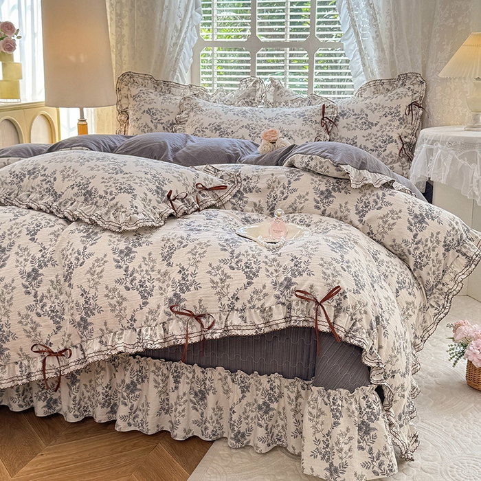 91家纺网 家纺一手货源 找家纺 韩约家纺 2025新款韩约1韩式蝴蝶结床盖款棉麻四件套 兰玲花