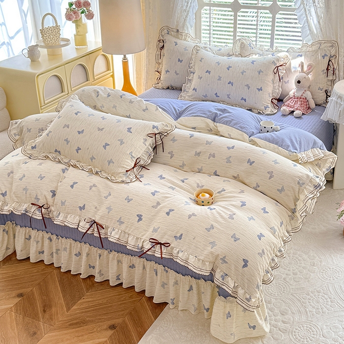 91家纺网 家纺一手货源 找家纺 韩约家纺 2025新款韩约1韩式蝴蝶结床盖款棉麻四件套 美蝶