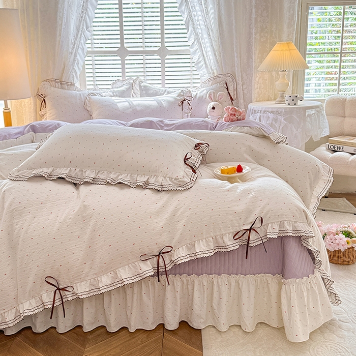 91家纺网 家纺一手货源 找家纺 韩约家纺 2025新款韩约1韩式蝴蝶结床盖款棉麻四件套 怦然心动