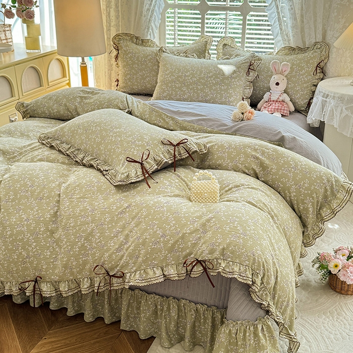 91家纺网 家纺一手货源 找家纺 韩约家纺 2025新款韩约1韩式蝴蝶结床盖款棉麻四件套 花海