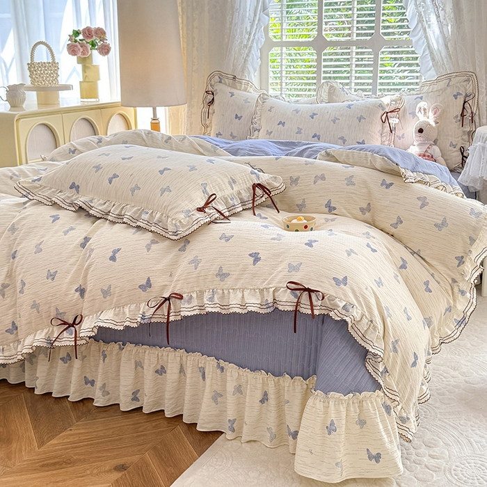 91家纺网 家纺一手货源 找家纺 韩约家纺 2025新款韩约1韩式蝴蝶结床盖款棉麻四件套 美蝶