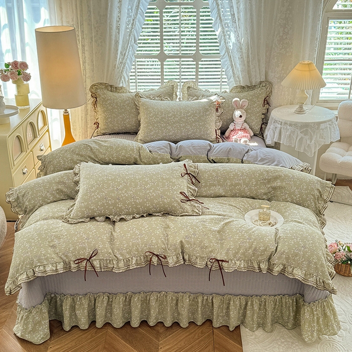 91家纺网 家纺一手货源 找家纺 韩约家纺 2025新款韩约1韩式蝴蝶结床盖款棉麻四件套 花海