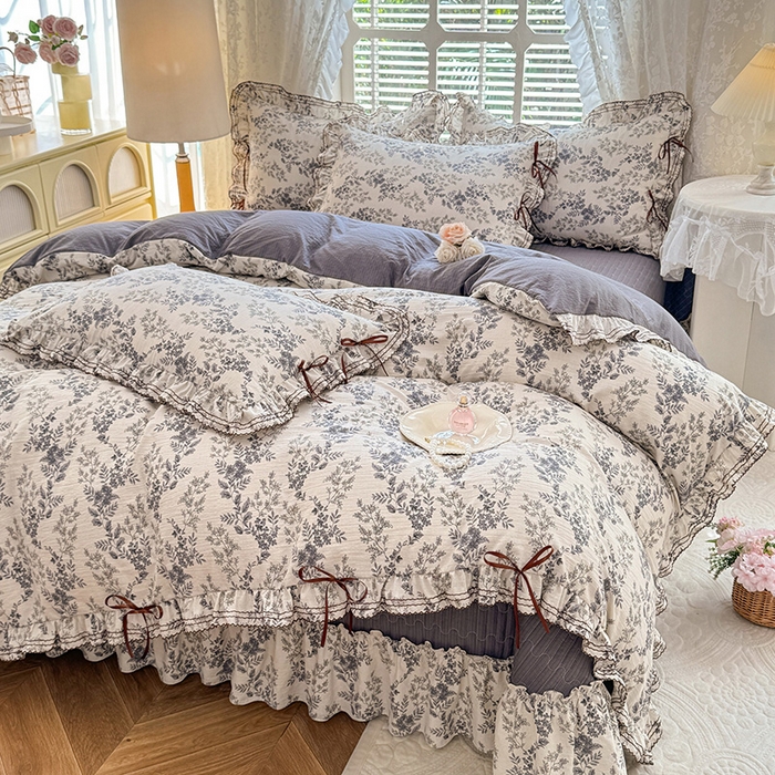 91家纺网 家纺一手货源 找家纺 韩约家纺 2025新款韩约1韩式蝴蝶结床盖款棉麻四件套 兰玲花