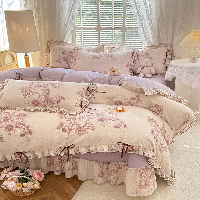 91家纺网 家纺一手货源 找家纺 韩约家纺 2025新款韩约1韩式蝴蝶结床盖款棉麻四件套 秋韵