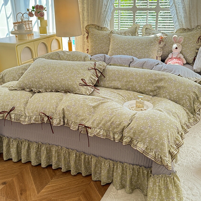 91家纺网 家纺一手货源 找家纺 韩约家纺 2025新款韩约1韩式蝴蝶结床盖款棉麻四件套 花海