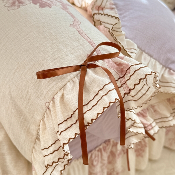 91家纺网 家纺一手货源 找家纺 韩约家纺 2025新款韩约1韩式蝴蝶结床盖款棉麻四件套 秋韵