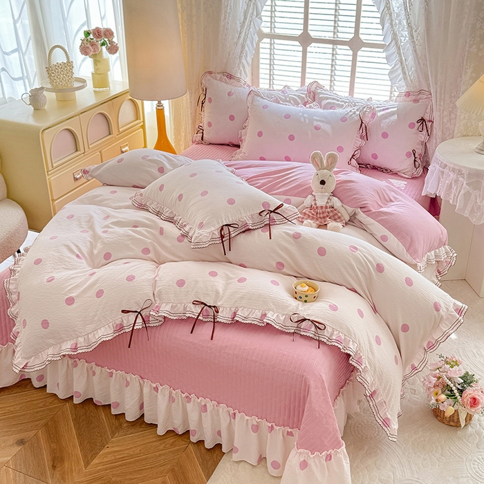 91家纺网 家纺一手货源 找家纺 韩约家纺 2025新款韩约1韩式蝴蝶结床盖款棉麻四件套 波波粉