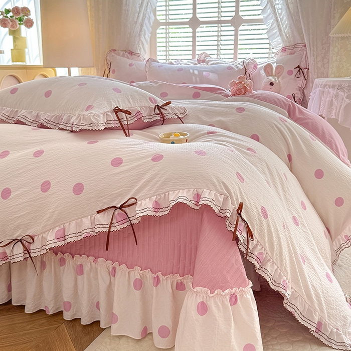 91家纺网 家纺一手货源 找家纺 韩约家纺 2025新款韩约1韩式蝴蝶结床盖款棉麻四件套 波波粉