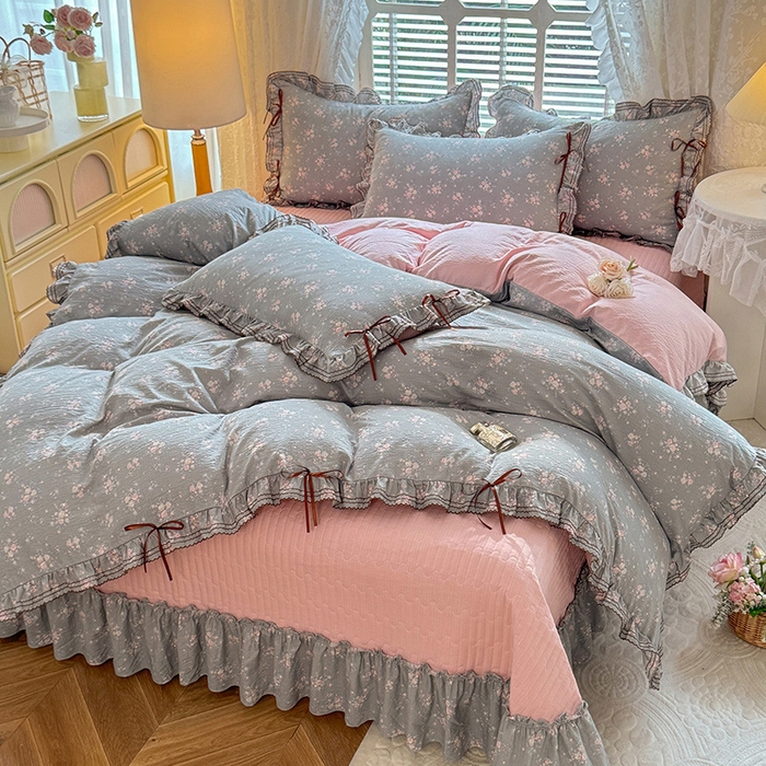 91家纺网 家纺一手货源 找家纺 韩约家纺 2025新款韩约1韩式蝴蝶结床盖款棉麻四件套 伊洛